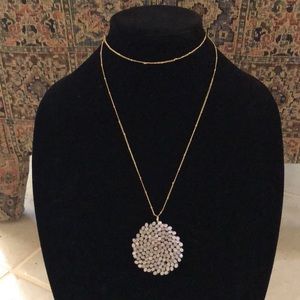 🌸 Crystal beaded pale pink-white beaded circle on long gold station chain